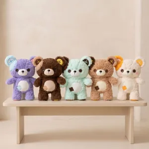 Cute fluffy button teddy bear plush toys lined up, soft stuffed doll details for kids.