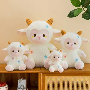 Detail view of cute star plush sheep toys set, soft fluffy lamb dolls displayed on wooden cabinet.