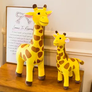 Detailed view of cute giraffe plush toys, soft stuffed animal dolls, perfect kids gift.