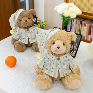 Cute couple plush teddy bear toys wearing sweet pajama sleep caps soft stuffed doll gift.