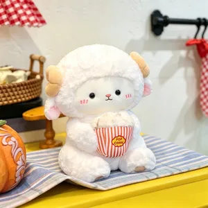 Cute sitting lamb plush toy with popcorn bucket soft stuffed animal doll girl birthday gift