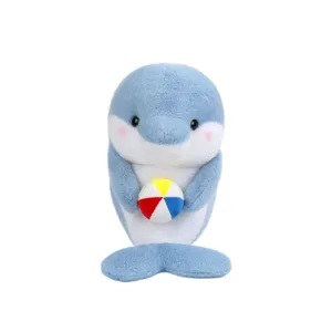 Cute blue dolphin plush toy holding a small ball, soft stuffed ocean animal doll for kids gift.