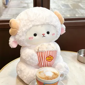 Cute sitting sheep plush toy holding popcorn bucket soft pillow kids birthday gift detail view