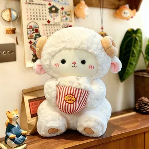 Cute Sitting Sheep Plush Toy Soft Stuffed Animal With Popcorn Bucket Adorable Lamb Pillow Birthday Gift For Kids