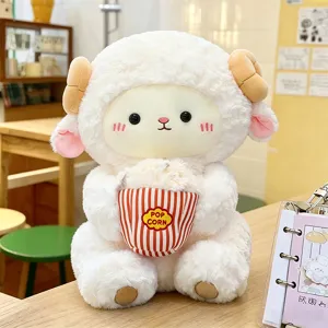 Cute sitting sheep plush toy holding popcorn bucket soft comforting pillow doll gift for girls