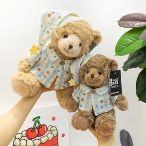Cute couple teddy bear plush toys wearing matching pajamas, soft stuffed animals for comforting hugs.
