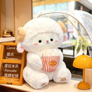 Cute sitting sheep plush toy holding a popcorn bucket, soft hugging pillow for girls.