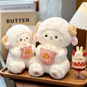 Cute fluffy sitting lamb plush toy holding popcorn bucket, soft comforting doll gift for girls.