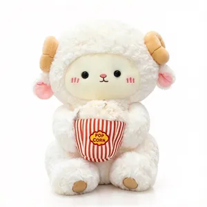 Cute fluffy sheep plush toy detail, holding popcorn bucket, soft hugging pillow and gift.