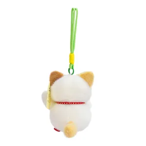Close-up detail of the cute lucky cat plush pendant with soft texture, red collar and green strap.