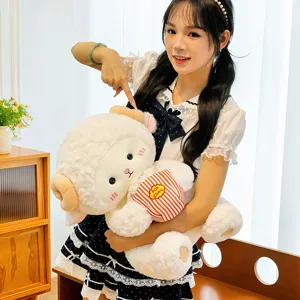 Cute fluffy sheep plush toy holding popcorn bucket, soft stuffed animal doll sleeping pillow