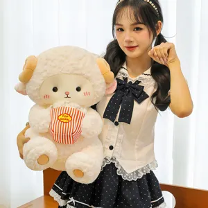 Cute sitting sheep plush toy holding popcorn, soft stuffed animal pillow for girls gift.