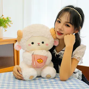 Cute sitting sheep plush toy holding popcorn bucket soft comforting pillow birthday gift