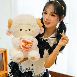 Cute plush sheep toy holding a popcorn bucket, soft and cuddly lamb doll for girls and kids.
