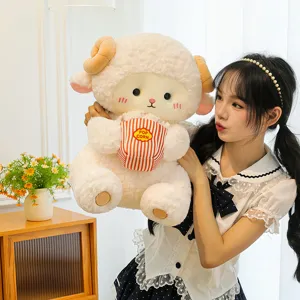 Close-up of fluffy white sheep plush toy holding popcorn, featured in a sweet room scene.