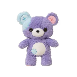 Cute purple patchwork teddy bear plush toy with button eyes and soft stuffed doll for kids.