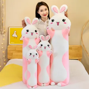 Cute cartoon rabbit plush pillow, soft long hug doll for sleeping, pink and white design.