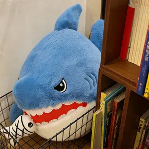 Cute shark plush pillow toy for kids bed, soft stuffed animal doll with small fish design.