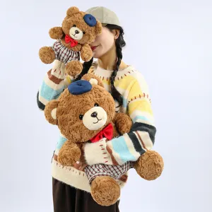 Cute plush toy brown bear wearing beret and bowtie, soft stuffed animal doll gift for kids.