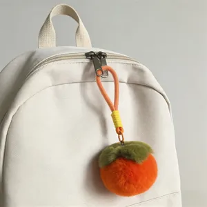 Cute persimmon plush keychain fluffy bag charm orange fruit key ring cute backpack accessory.