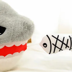 Cute shark plush toy with pull string small fish design, soft stuffed pillow for kids sleeping.