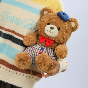 Cute plush bear toy with blue beret and red bow tie, soft stuffed animal doll gift for kids.