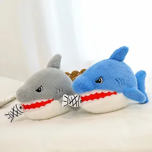 Cute shark plush pillow soft stuffed animal toy with small fish doll for kids bed sleeping