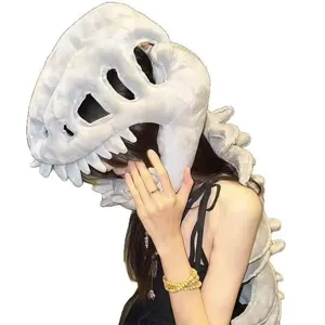 Plush dinosaur skeleton hood hat with spine tail, funny Halloween cosplay party costume.
