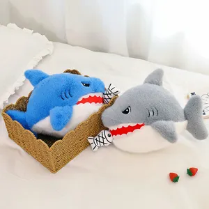 Cute shark plush pillow toy, soft stuffed animal doll detail showing big fish eating small fish design.