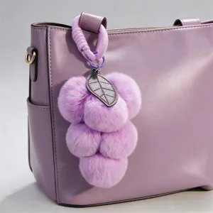 Cute faux rabbit fur grape bag charm, plush fruit keychain pendant for women handbags decor.