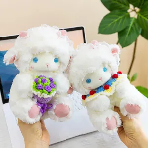 Cute angel lamb plush toy holding flower bouquet soft stuffed animal doll for kids gift