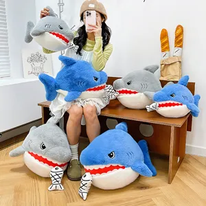 Cute shark plush toy pillow soft stuffed animal doll with biting fish for bedroom sleep