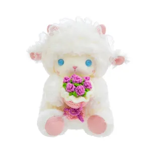 Cute angel plush lamb toy holding rose flower bouquet soft stuffed doll for kids gift