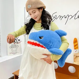 Cute blue shark plush pillow toy with pull string small fish, soft stuffed animal doll for bed.