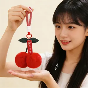 Plush cherry bag charm, cute red fluffy fruit keychain for women, stylish handbag accessory gift.