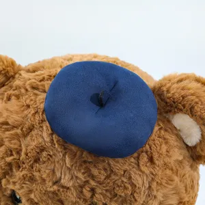 Close-up detail of brown plush teddy bear head wearing a cute navy blue beret hat.
