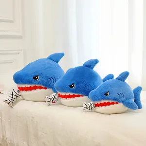 Cute blue shark plush pillow toy for kids, soft stuffed animal doll biting fish design for bed sleeping