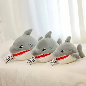 Cute shark plush pillow toy for bed soft stuffed animal doll with small fish.