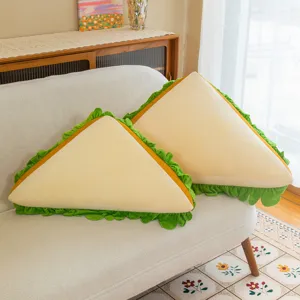 Cozy sandwich plush throw pillow detail, cute triangular lettuce cushion for living room sofa.