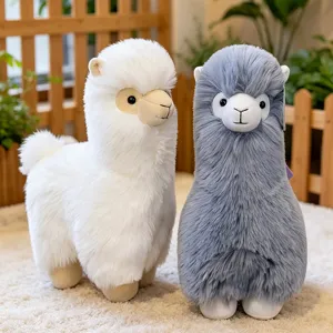 Fluffy alpaca plush toy cute stuffed animal doll soft white and grey sheep pillow for kids