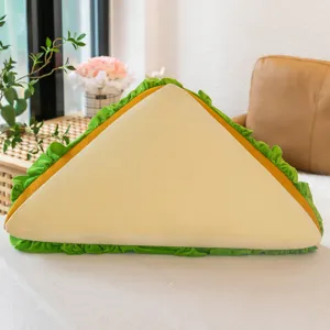Detailed view of cute sandwich plush pillow toy with green lettuce ruffles for bedroom sofa decor.