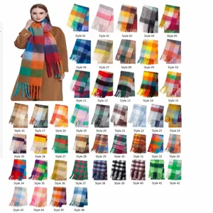Autumn winter thick colorful plaid scarf with tassels, multi-color variant detail display.