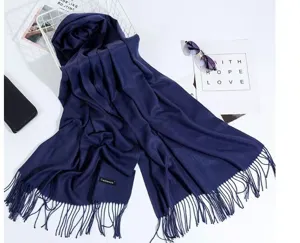 Dark blue imitation cashmere scarf for winter, cozy warm tassel shawl and wrap for men and women.