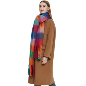 Cozy colorful mohair plaid scarf with chic tassels, thick warm winter neckerchief.