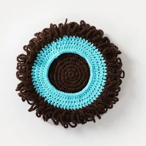 Closeup detail of the knitted funny curly wig hat, showing the unique textured yarn design.