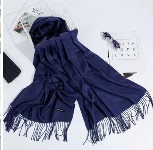 Dark blue imitation cashmere winter scarf with fringe warm shawl for couples daily wear