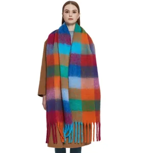Colorful mohair plaid scarf detail, soft fluffy texture with fringe, cozy winter accessory