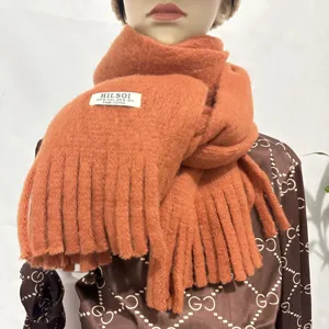 Winter solid color fringe soft plush scarf, thick warm Korean style couple neck warmer.