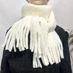 White faux cashmere winter scarf with fringes, cozy warm soft knitted neck wrap for women.