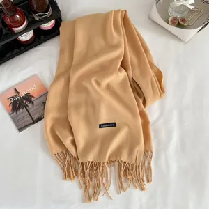 Cozy winter cashmere-feel camel fringed scarf for women and men, classic warm winter shawl.